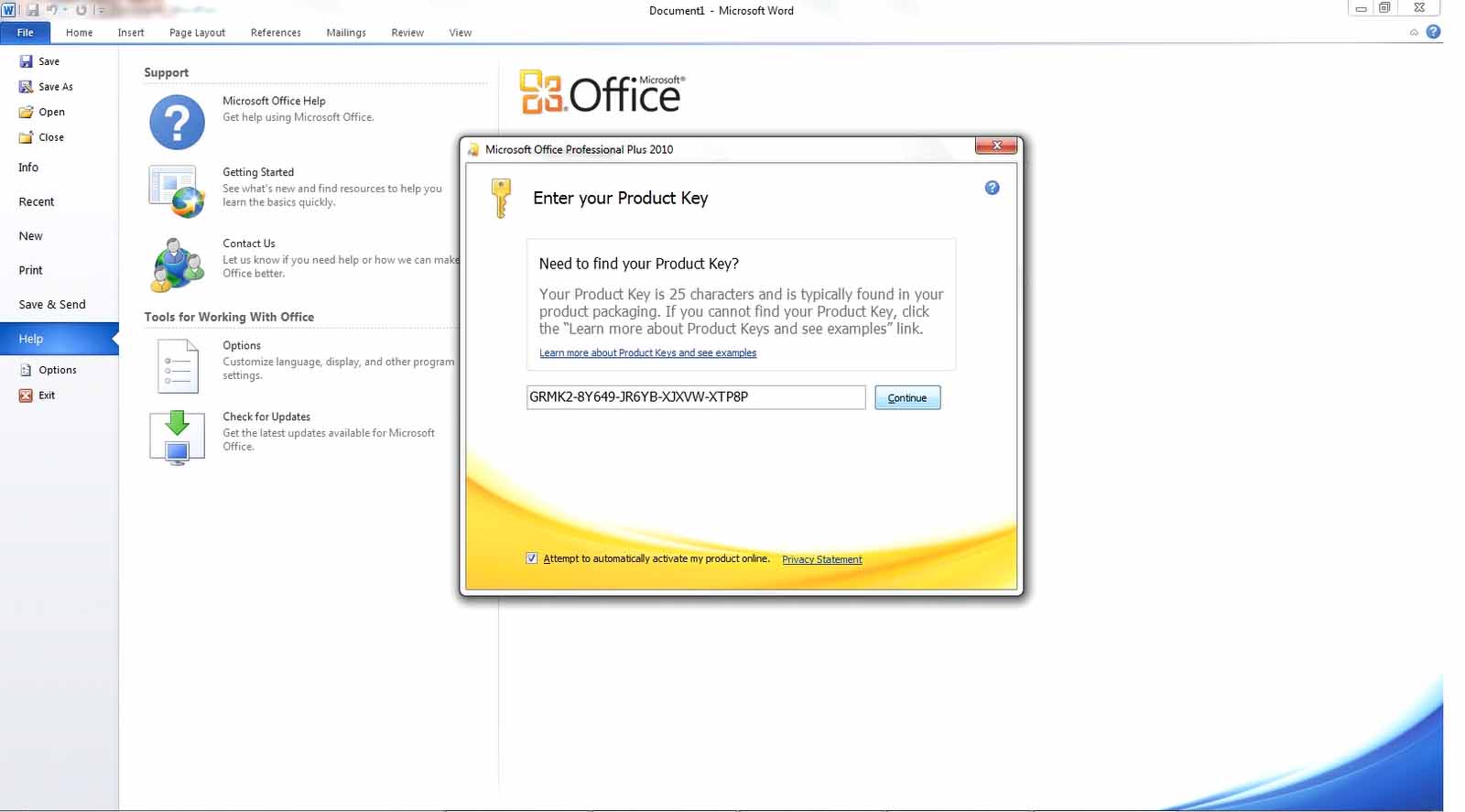 how to put in product key for office 2010